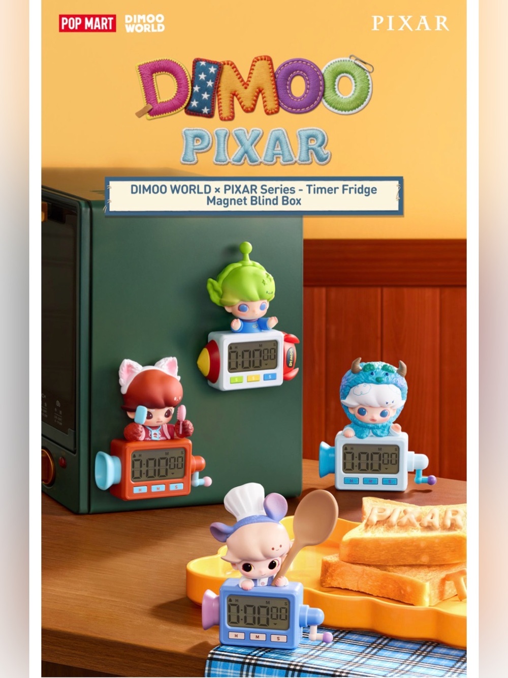 Authentic DIMOO WORLD X PIXAR Series - Timer Fridge Magnet - Sealed FULL SET